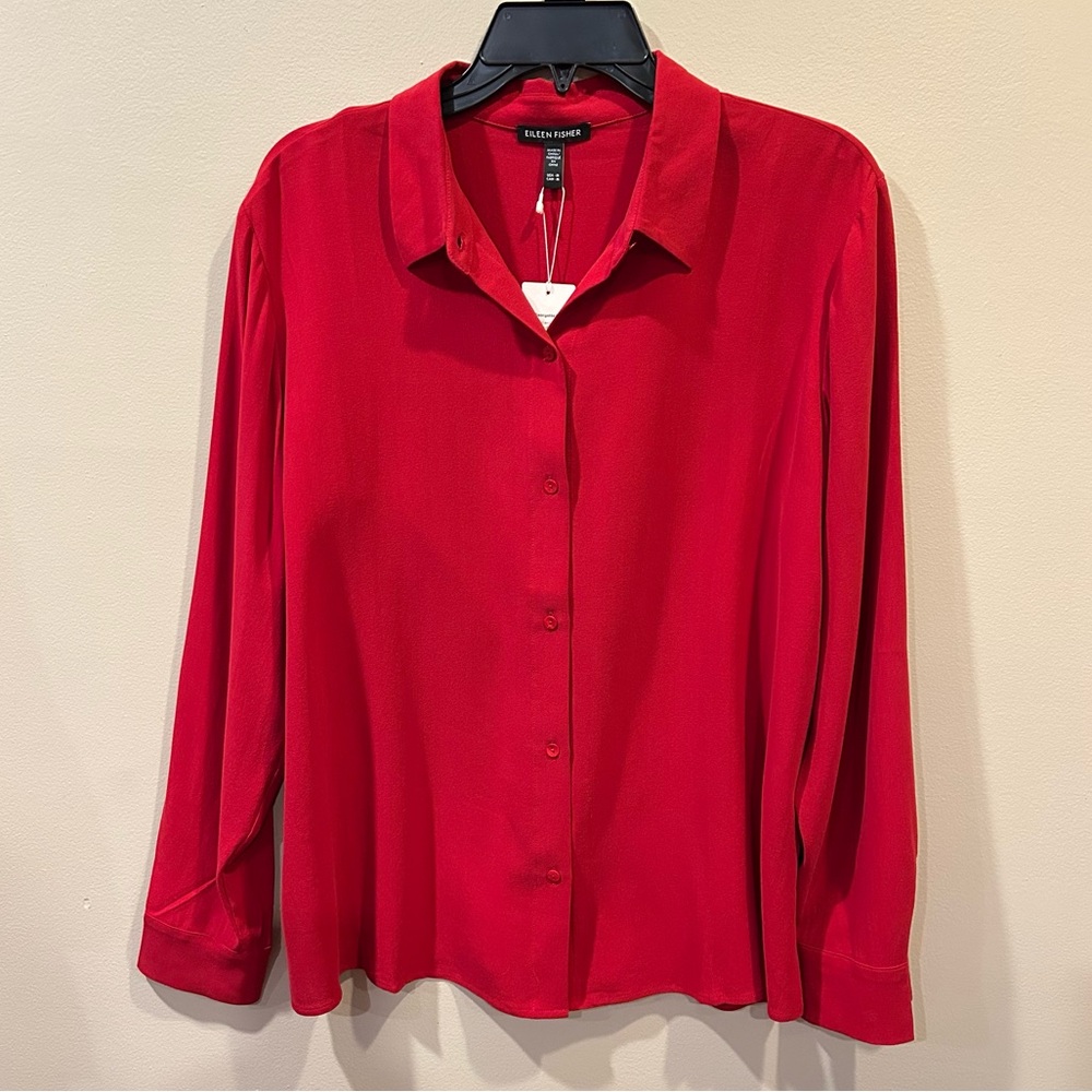Eileen Fisher Silk Georgette Crepe Point Collar Button Front Shirt